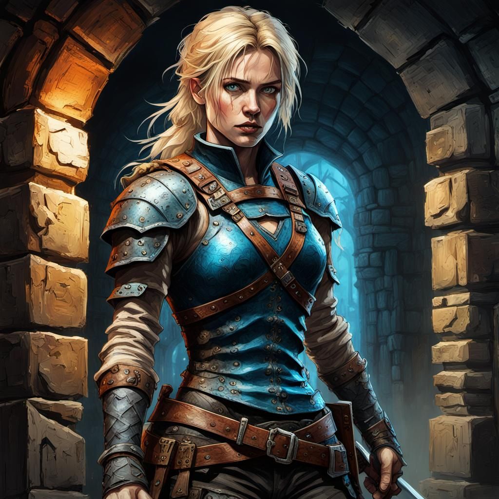 Medieval Lady Adventurer Exploring Haunted Dungeon