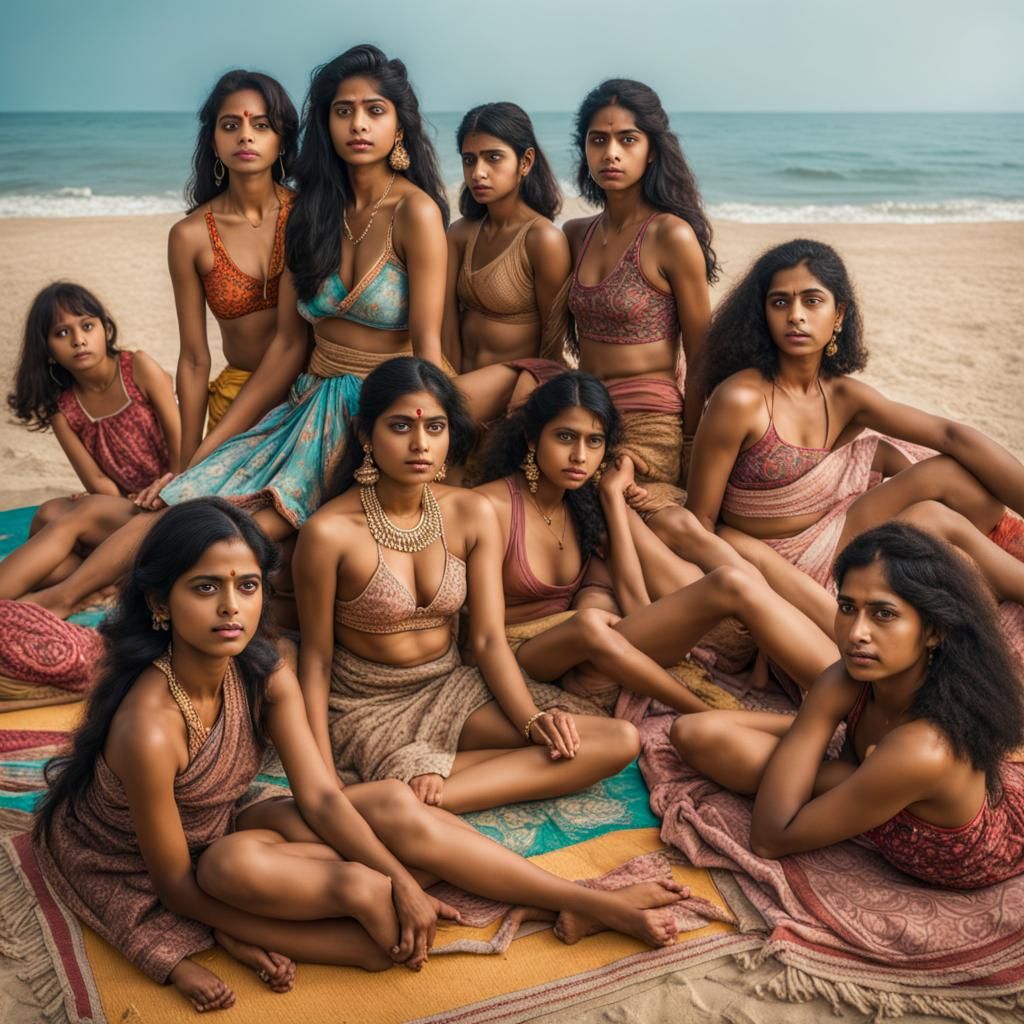 Indian Women Relaxing on Beach Mats