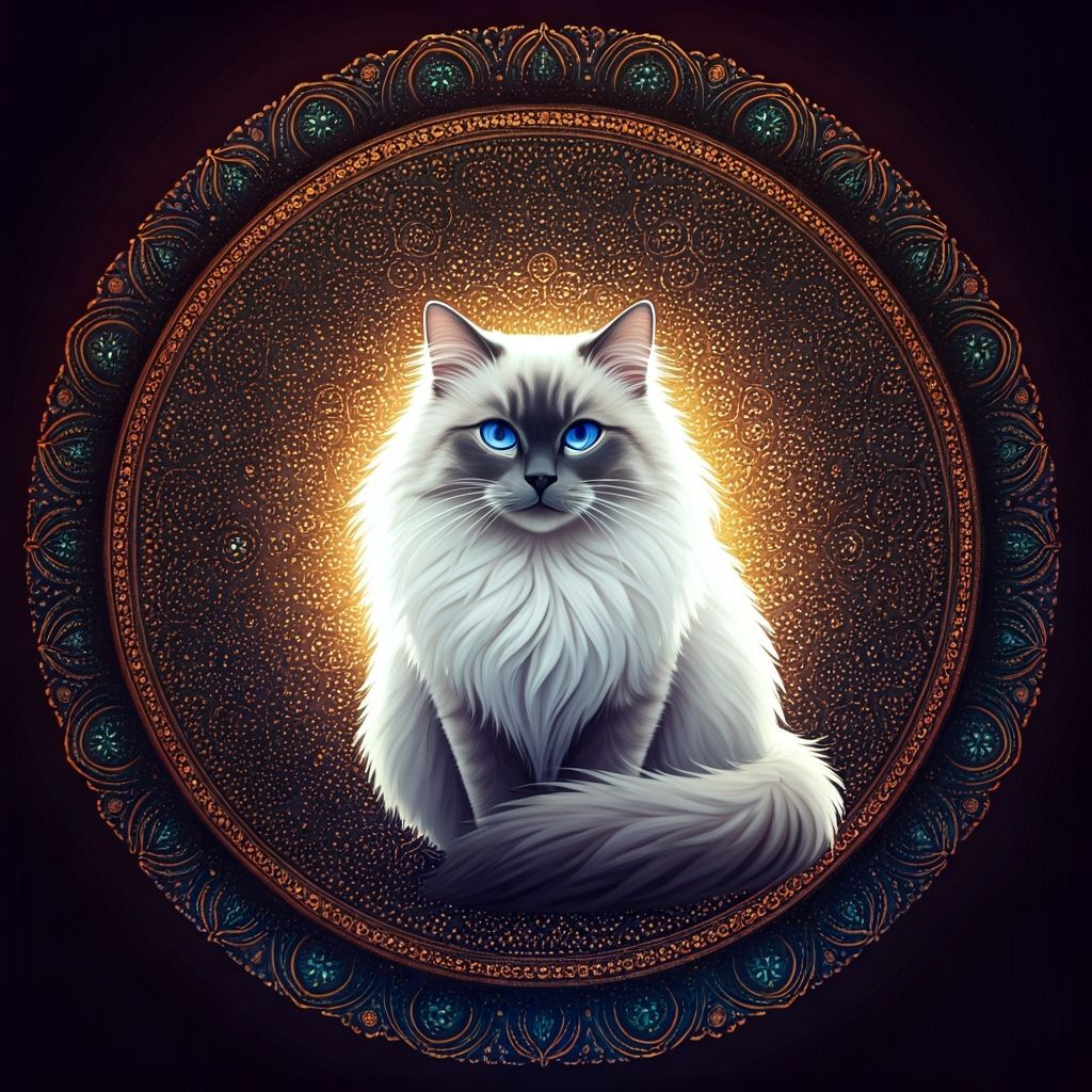 White Cat in Glowing Mandala, Flat Folk Art