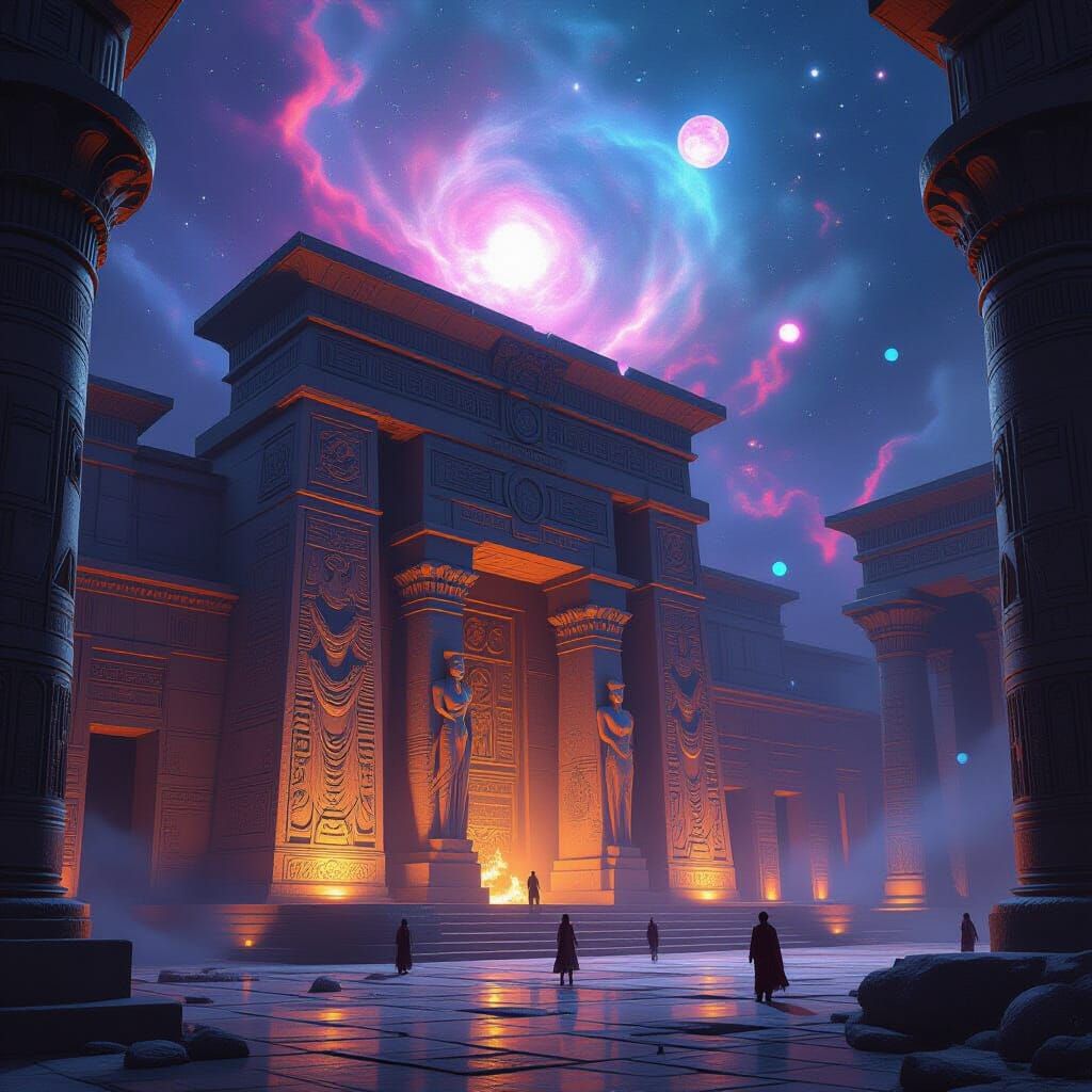 Assyrian Temple in Cosmic Nebula Glow
