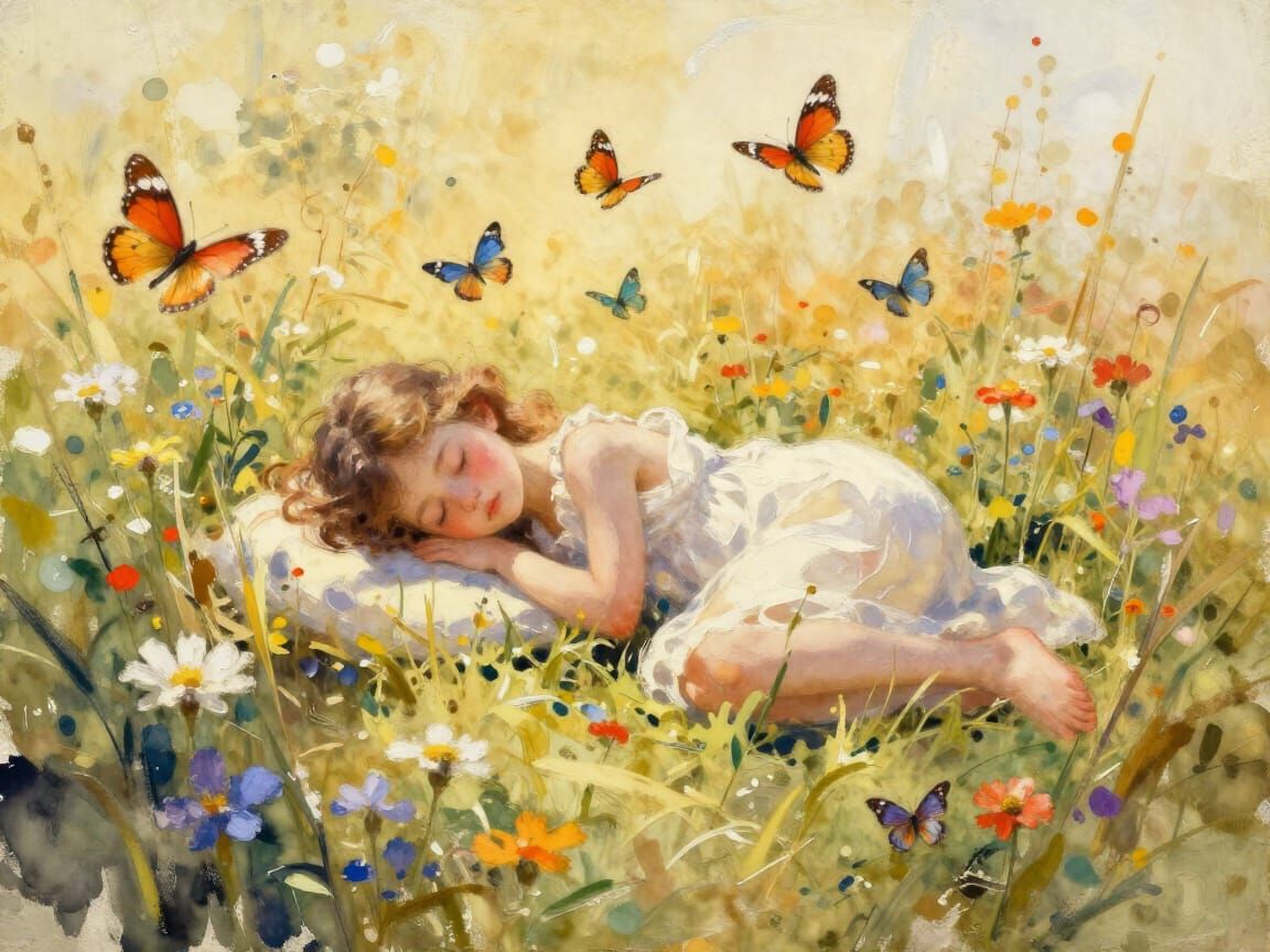 Ophelia Sleeping by Wildflower Lake with Golden Hour Butterf...