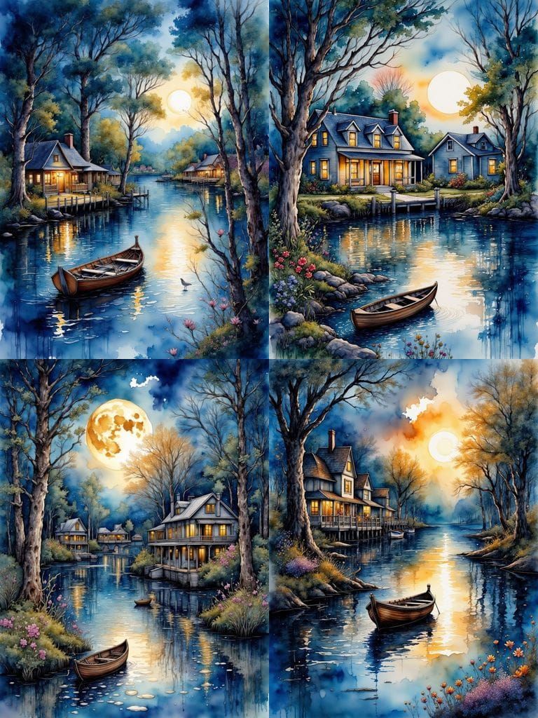 Southern Town by River at Night with Full Moon