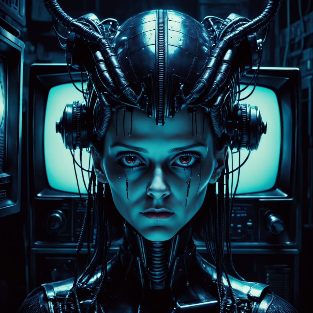 Cyberpunk Portrait with Television Head in Dark Alley