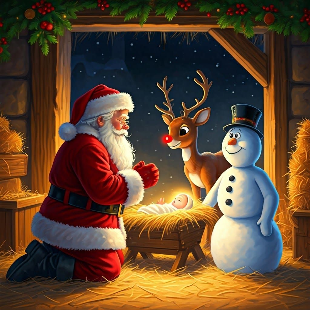 Sacred Winter Scene: Jesus in the Manger with Santa and Fros...