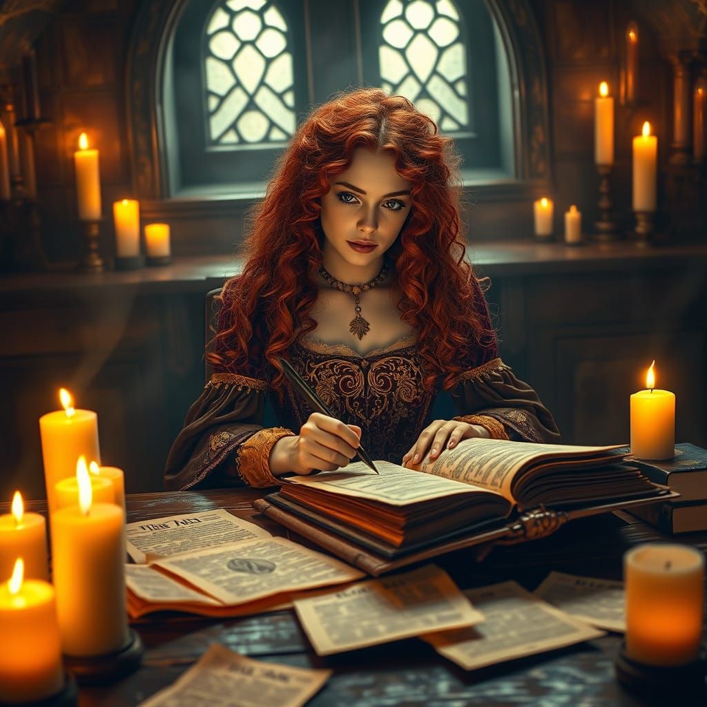 Medieval Scribe in Candlelight, Art Nouveau Style