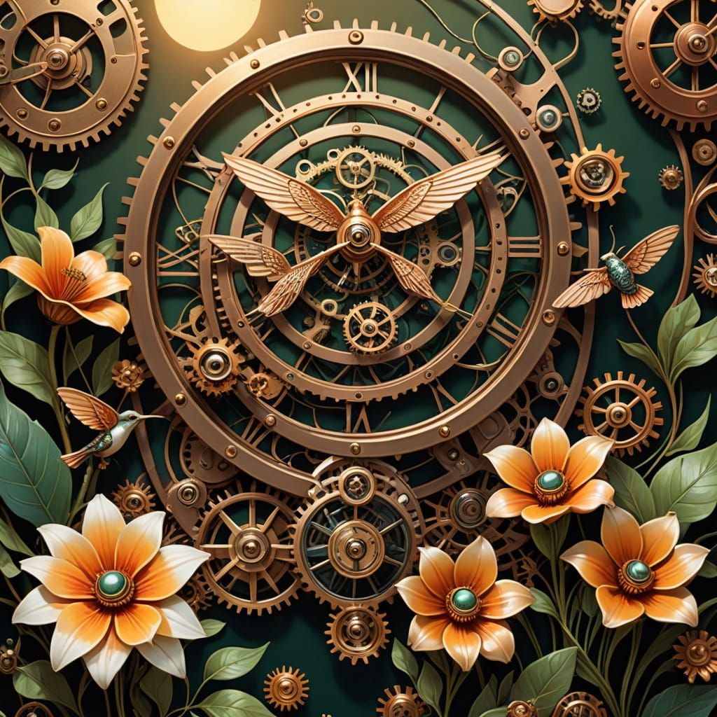 Whimsical Clockwork Garden With Mechanical Hummingbird