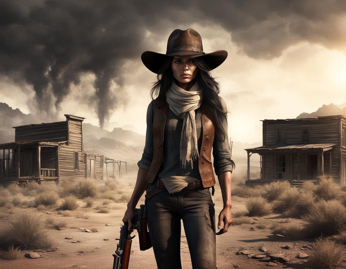Western Woman in Ghost Town: Photorealistic 3D Render