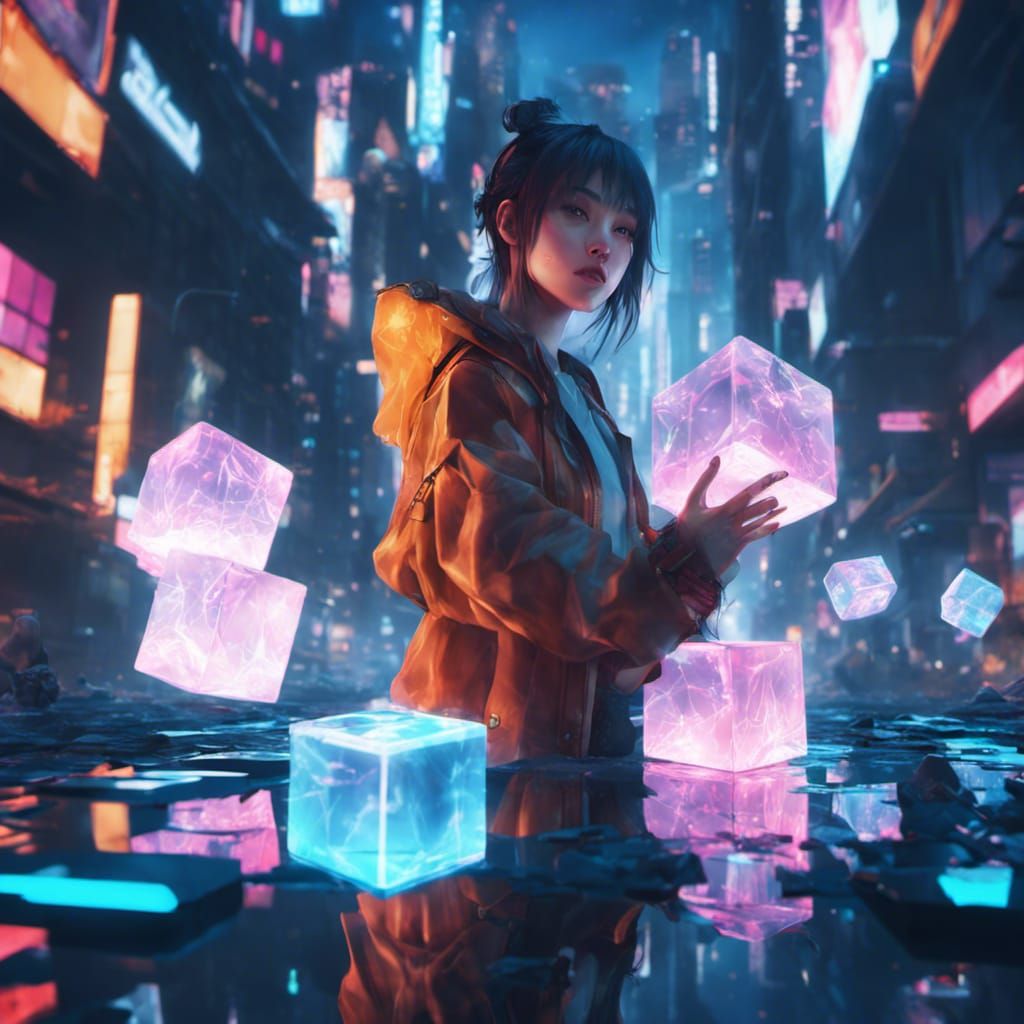 Cyberpunk Girl with Floating Cubes