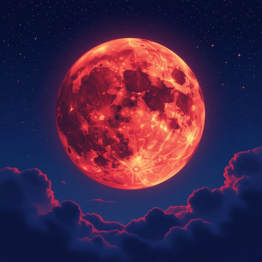 Crimson Blood Moon Over Starry Night Sky