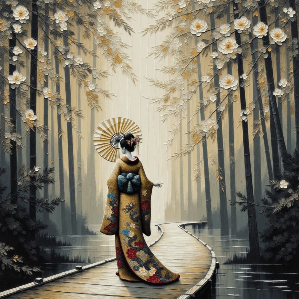 Geisha in Foggy Bamboo Forest, Japanese Ink Wash Style