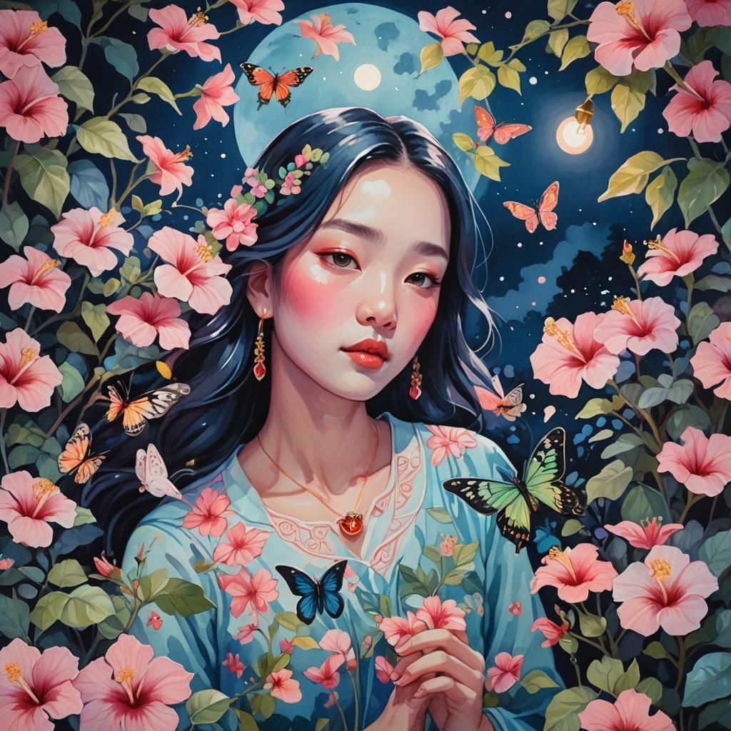 Girl with Pendants in Moonlit Garden, Gouache Painting