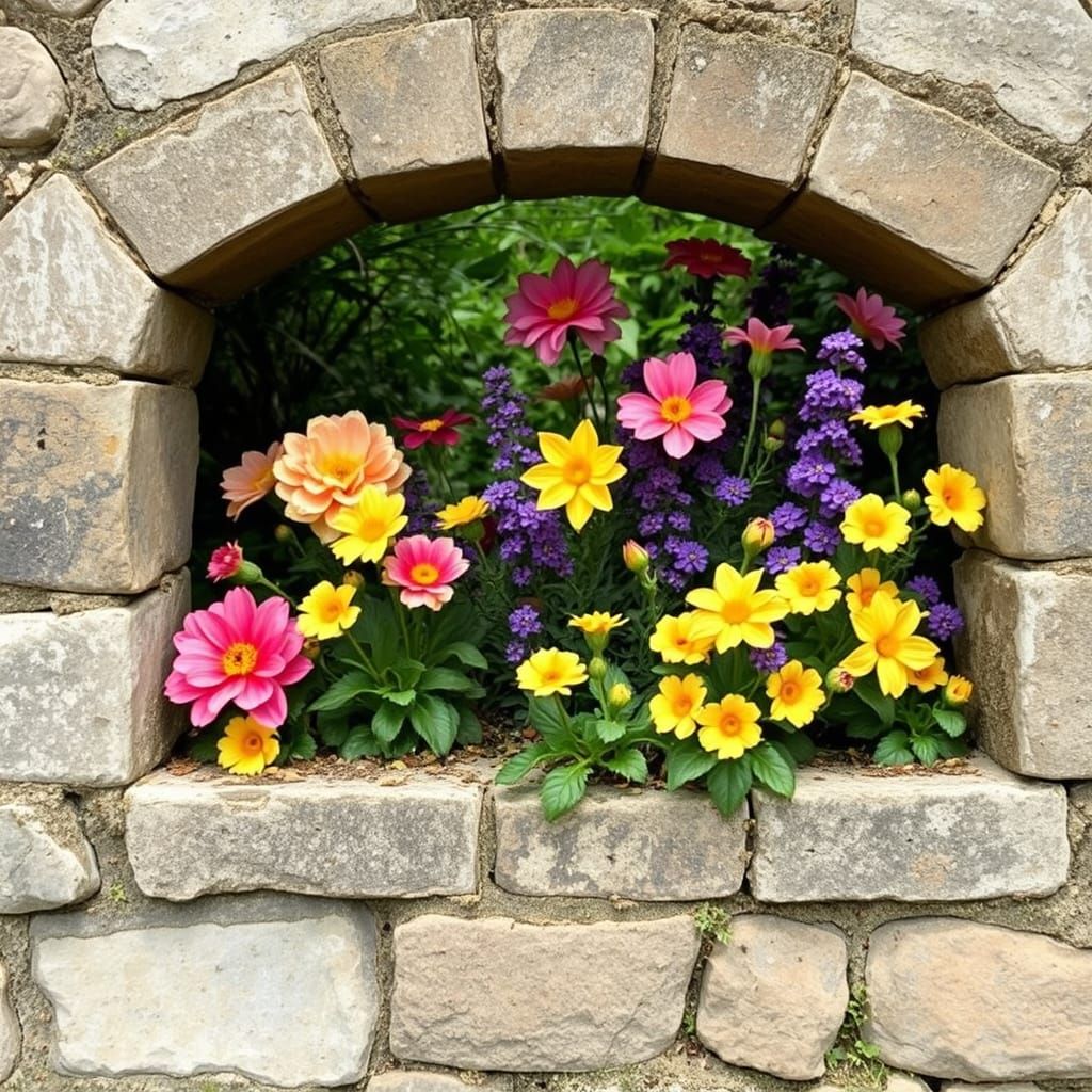 Vibrant Garden Wall with Blooming Flowers in Impressionist S...