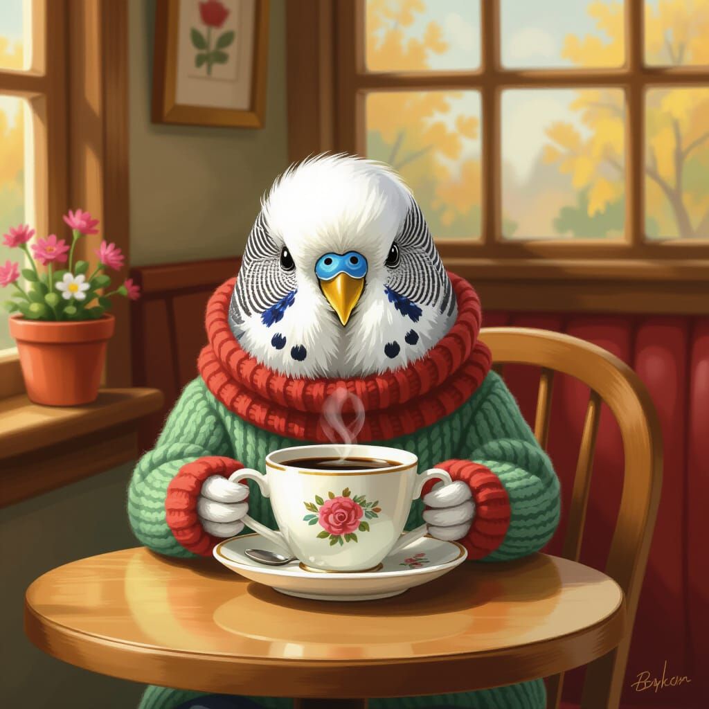Budgerigar in Sweater Drinking Coffee