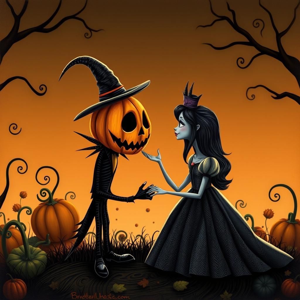 Jack Pumpkinhead and Pumpkin Princess in Dark Fantasy Style