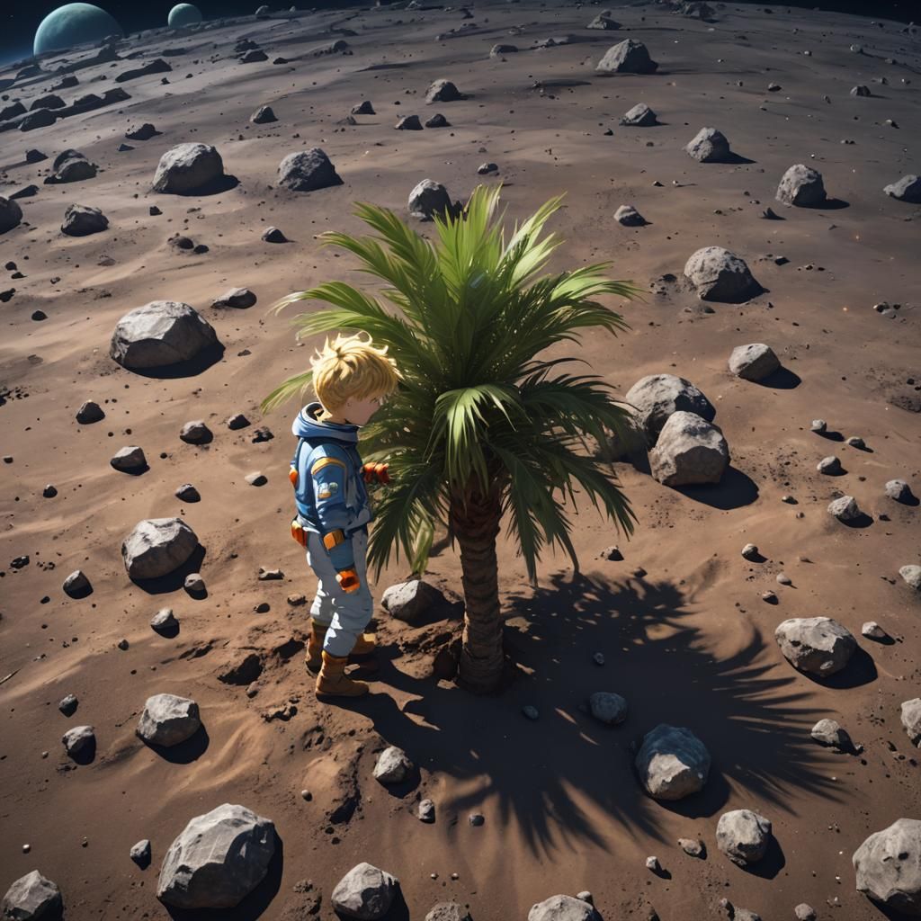Little Prince Waters Palm Tree in Space: Anime Art
