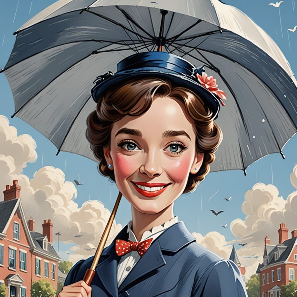 Whimsical Cartoon Portrait of Mary Poppins