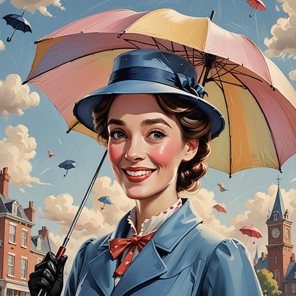 Whimsical Mary Poppins Caricature in Pastel Tones