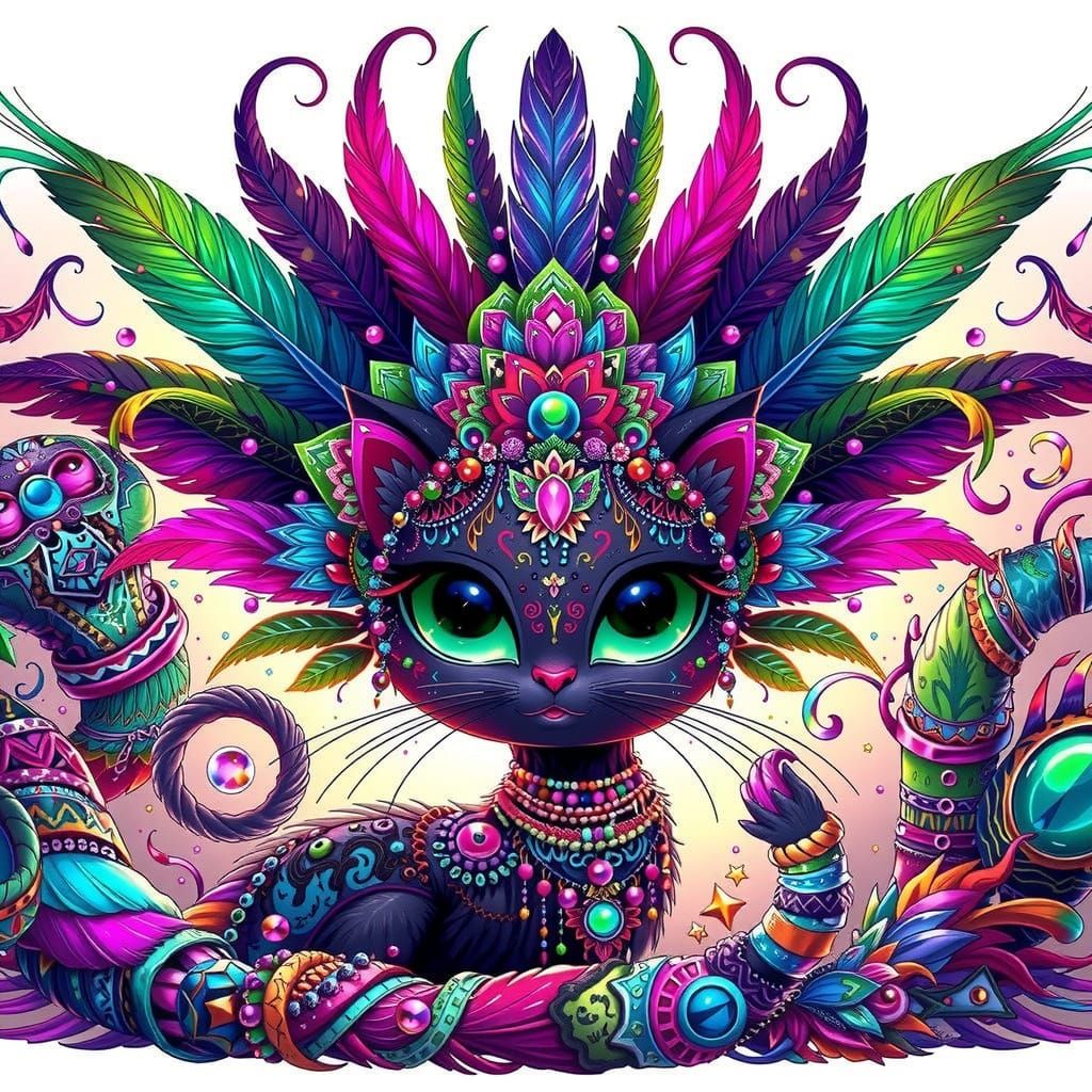 Goth Quetzalcoatl Cat Woman in Vibrant Cutecore Style