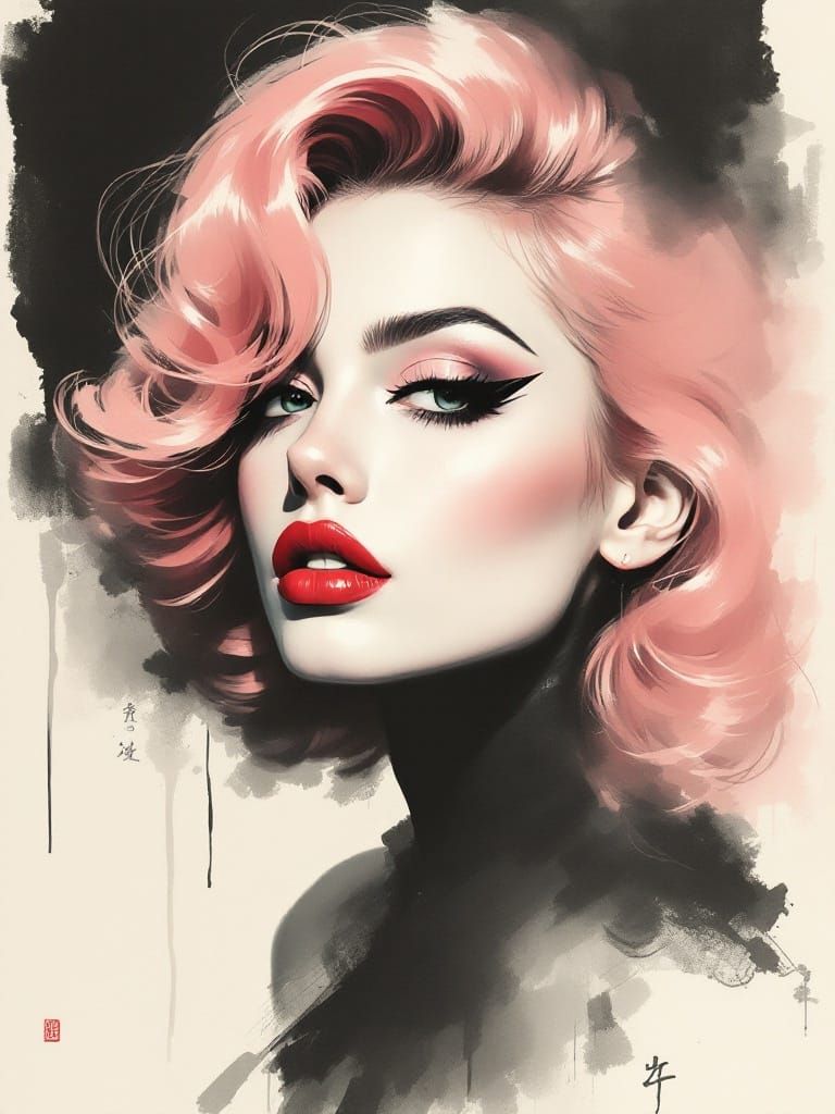 Ethereal Woman in Japanese Ink Brush Art Style