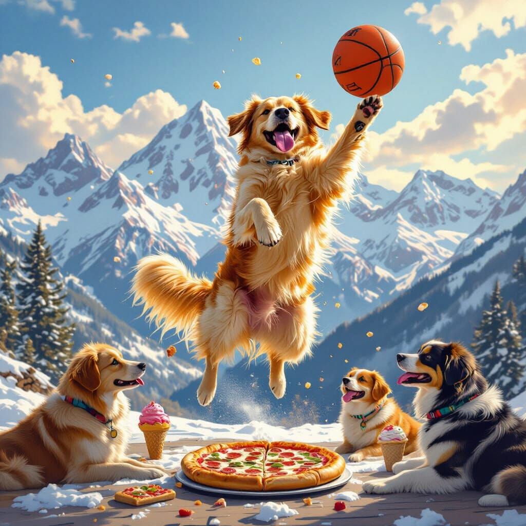 Golden Retriever Dunks Basketball in Digital Art Style