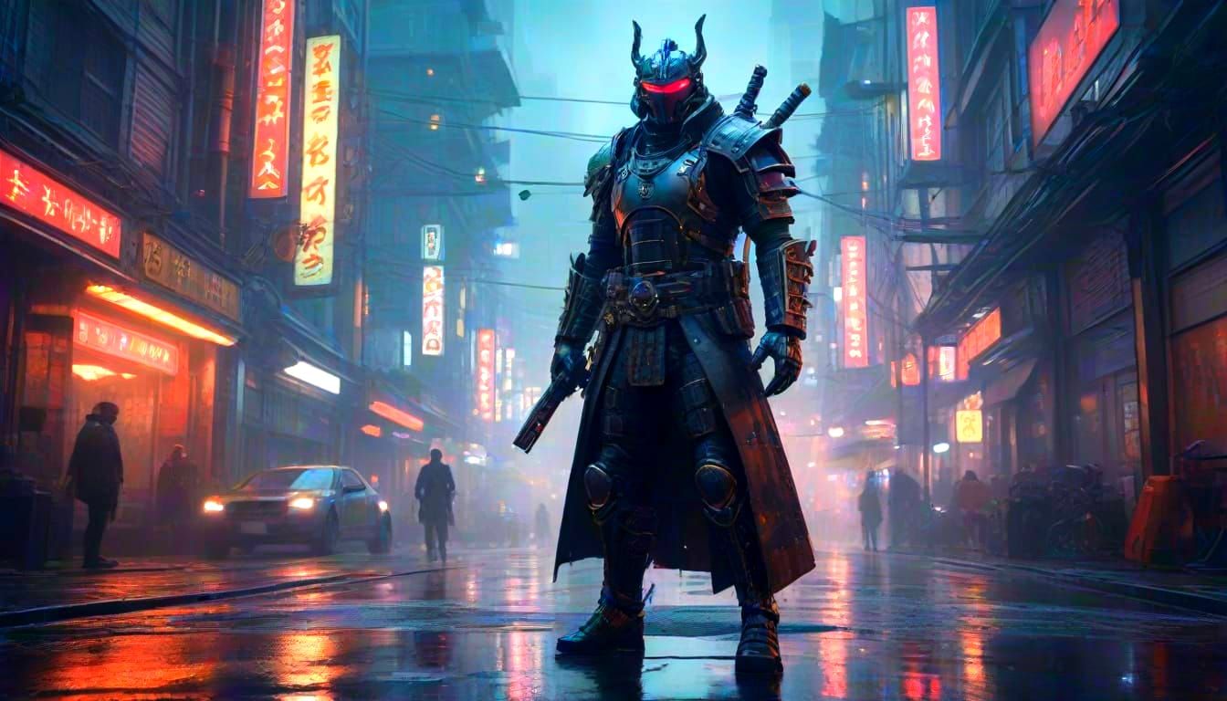 Futuristic Samurai in Neon Megacity