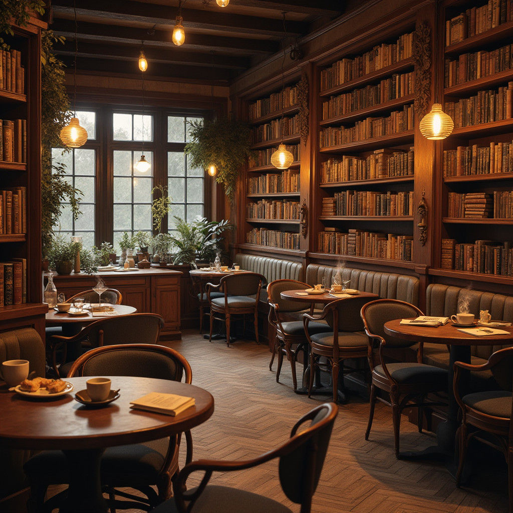 Cozy Library Cafe Inspired by Classic Illustration