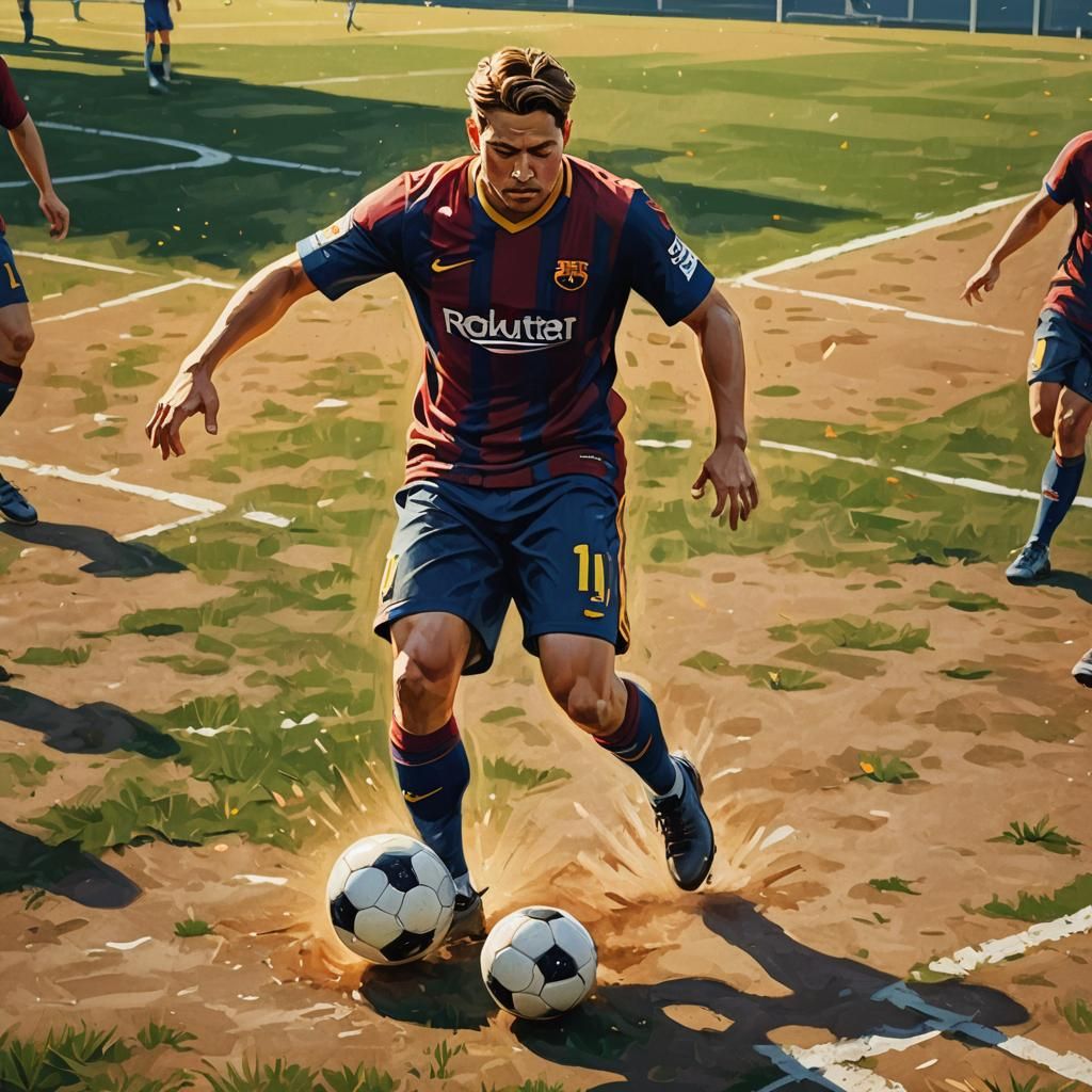 Footballer Dribbling on Barcelona Field in Digital Painting