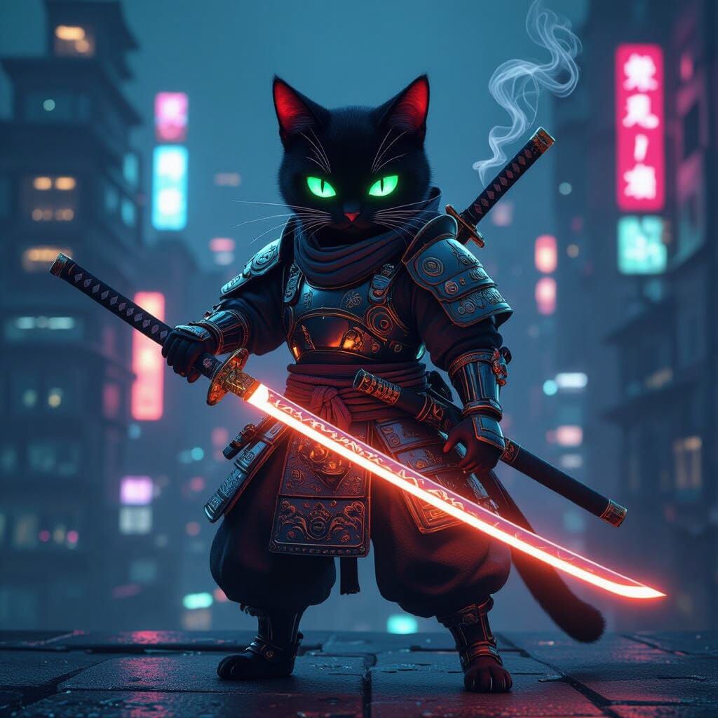 Cyberpunk Samurai Cat Warrior in Neon City