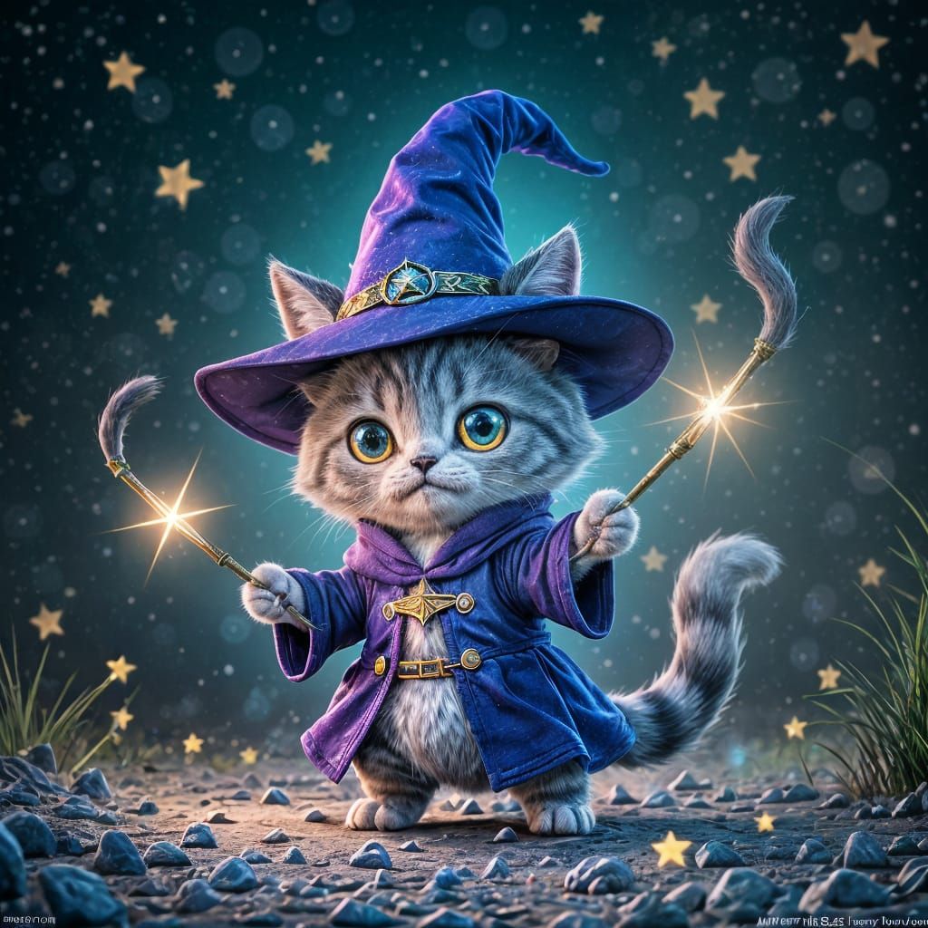 Whimsical Wizard Cat with Wand in Chibi Style