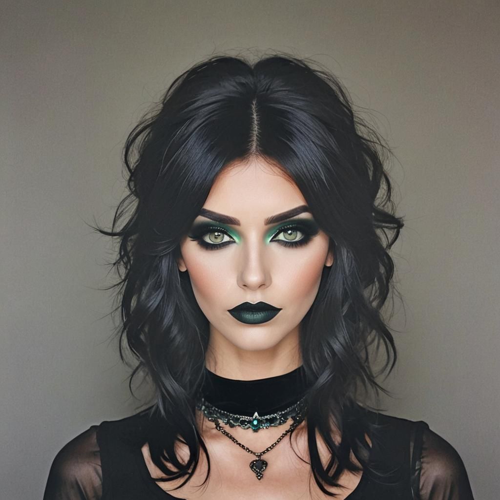 Gothic Woman with Black Hair and Red Lipstick