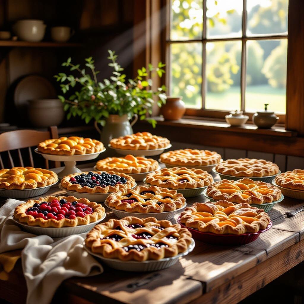 Abundant Autumn Pies Overflowing on Rustic Table