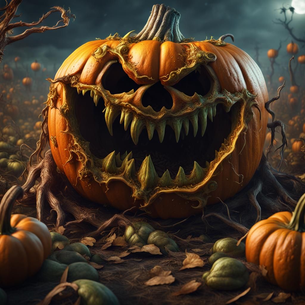 Undead Pumpkin Monster Oozing Seeds: Detailed Matte Painting