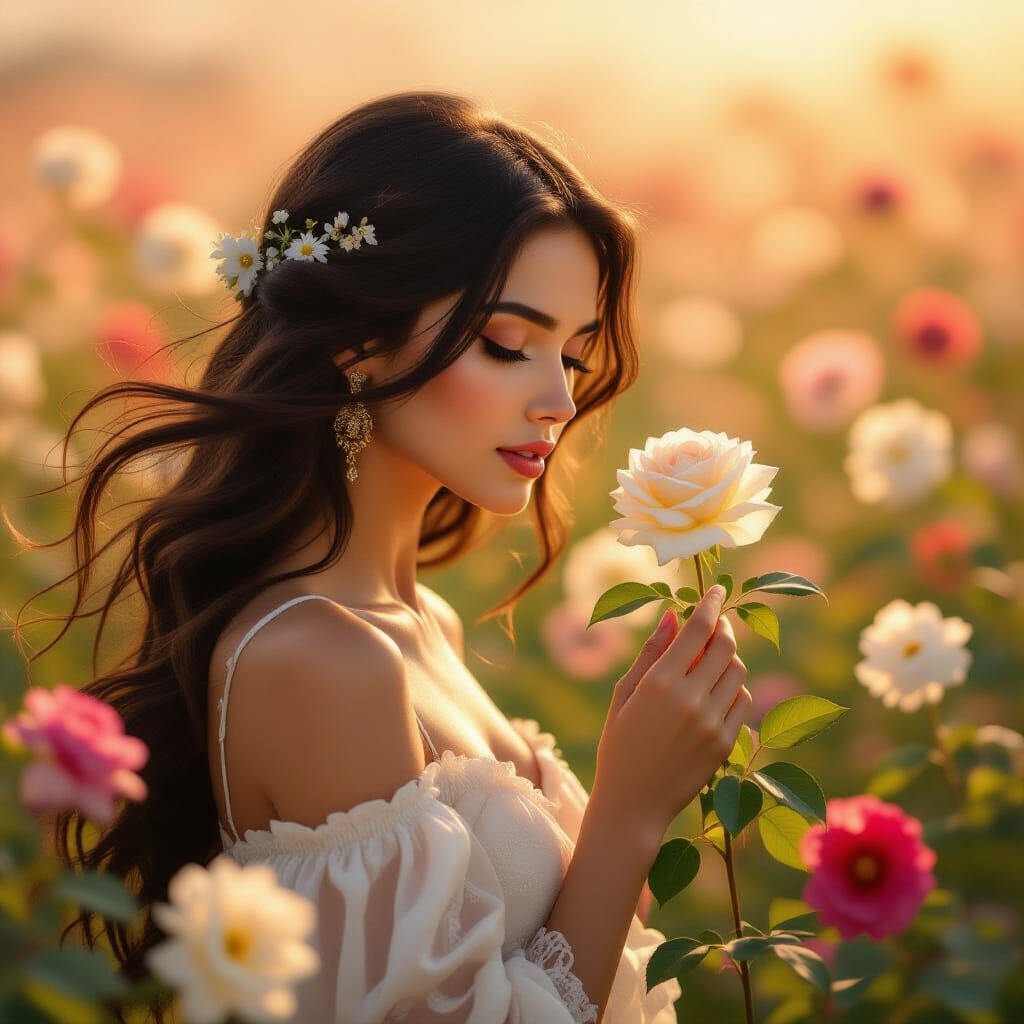 Woman Enchanted by Single Rose Amidst Blooming Flowers