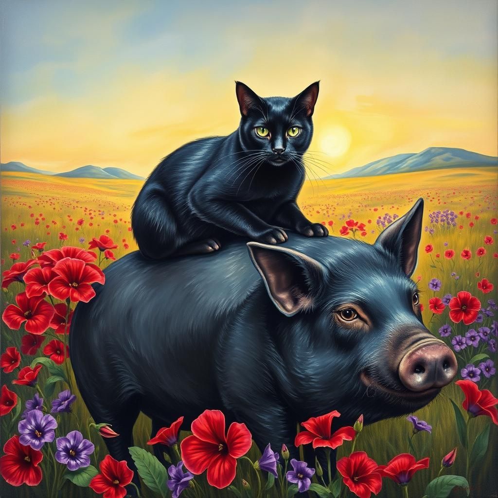 Black Cat and Pig in Surrealist Spring Field
