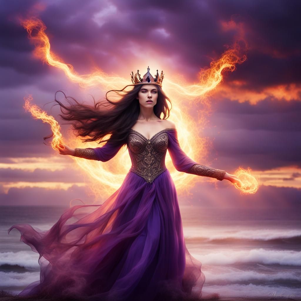 Powerful Woman Fighting Demons by Sea of Fire