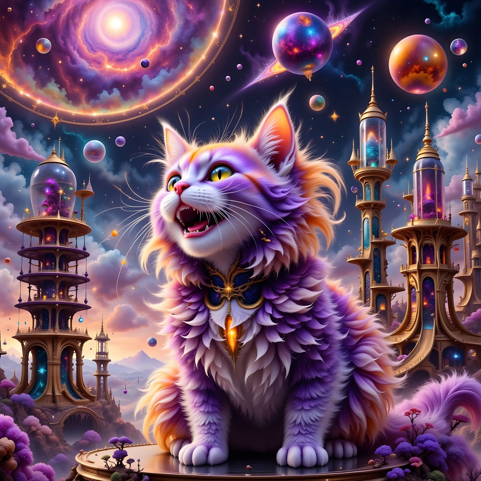 Surreal Sci-Fi Cat in Hyperdetailed Landscape