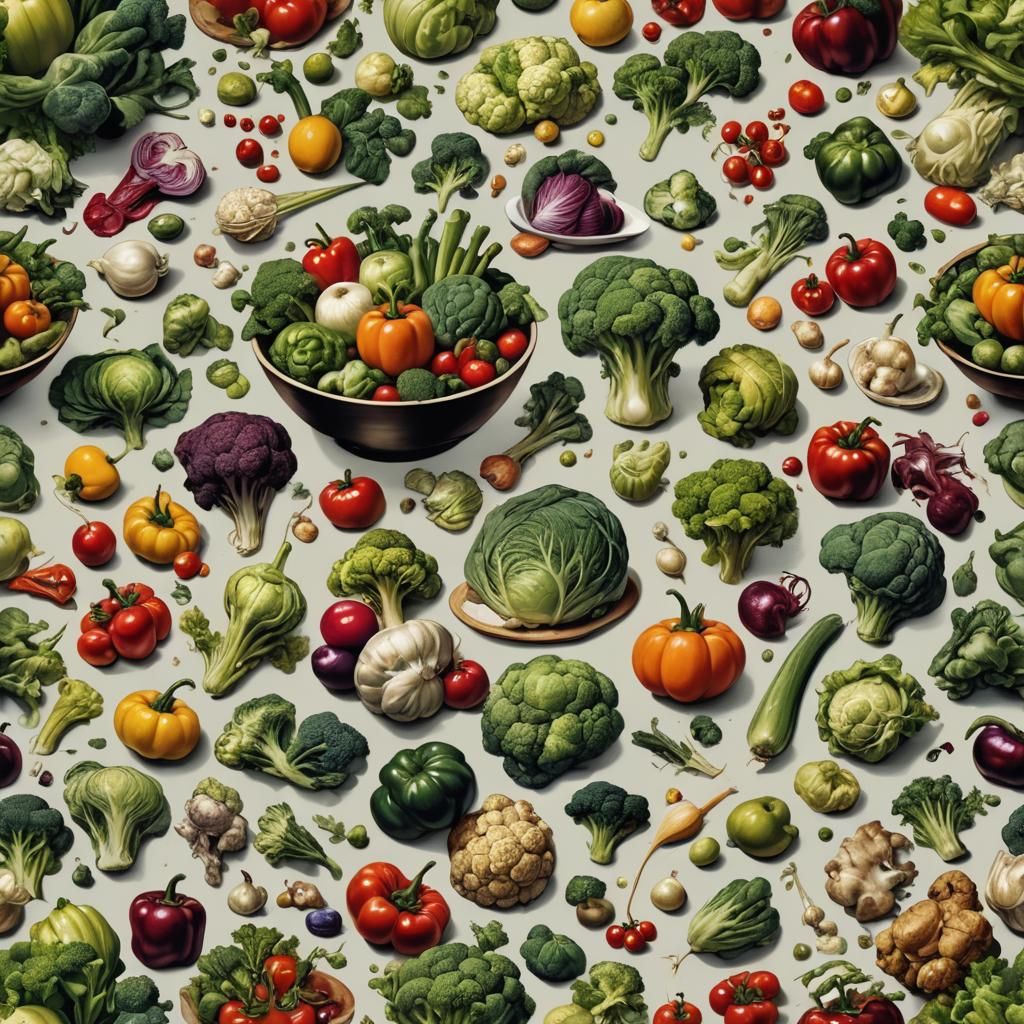 Vegetable Still Life with Surreal Backdrop, Hyperrealistic A...