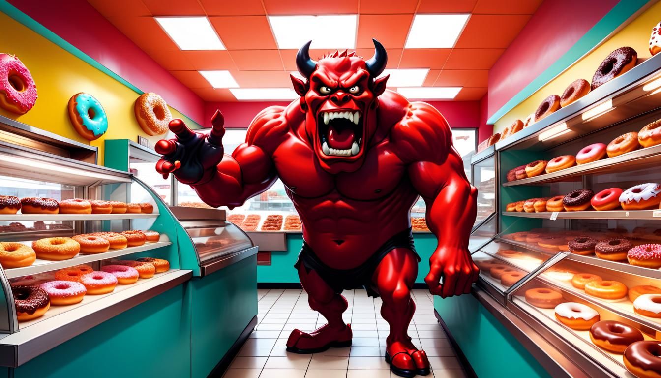 Angry Red Devil Yelling at Donuts in Cartoon Style