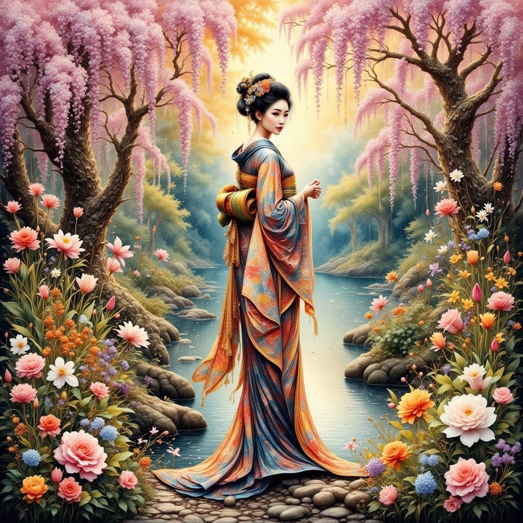 Elegant Geisha in Art Nouveau Flower Garden