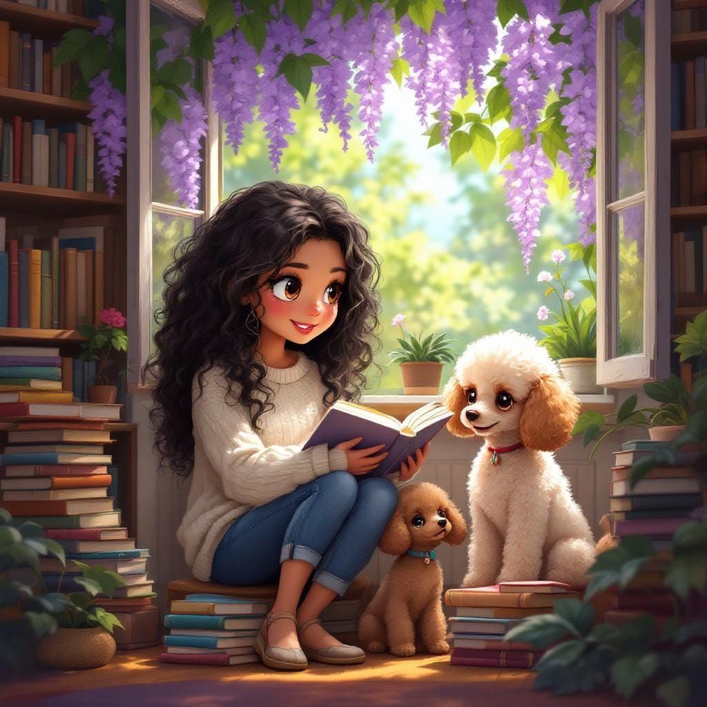 Chibi Woman Reading to Poodles in Sunny Library