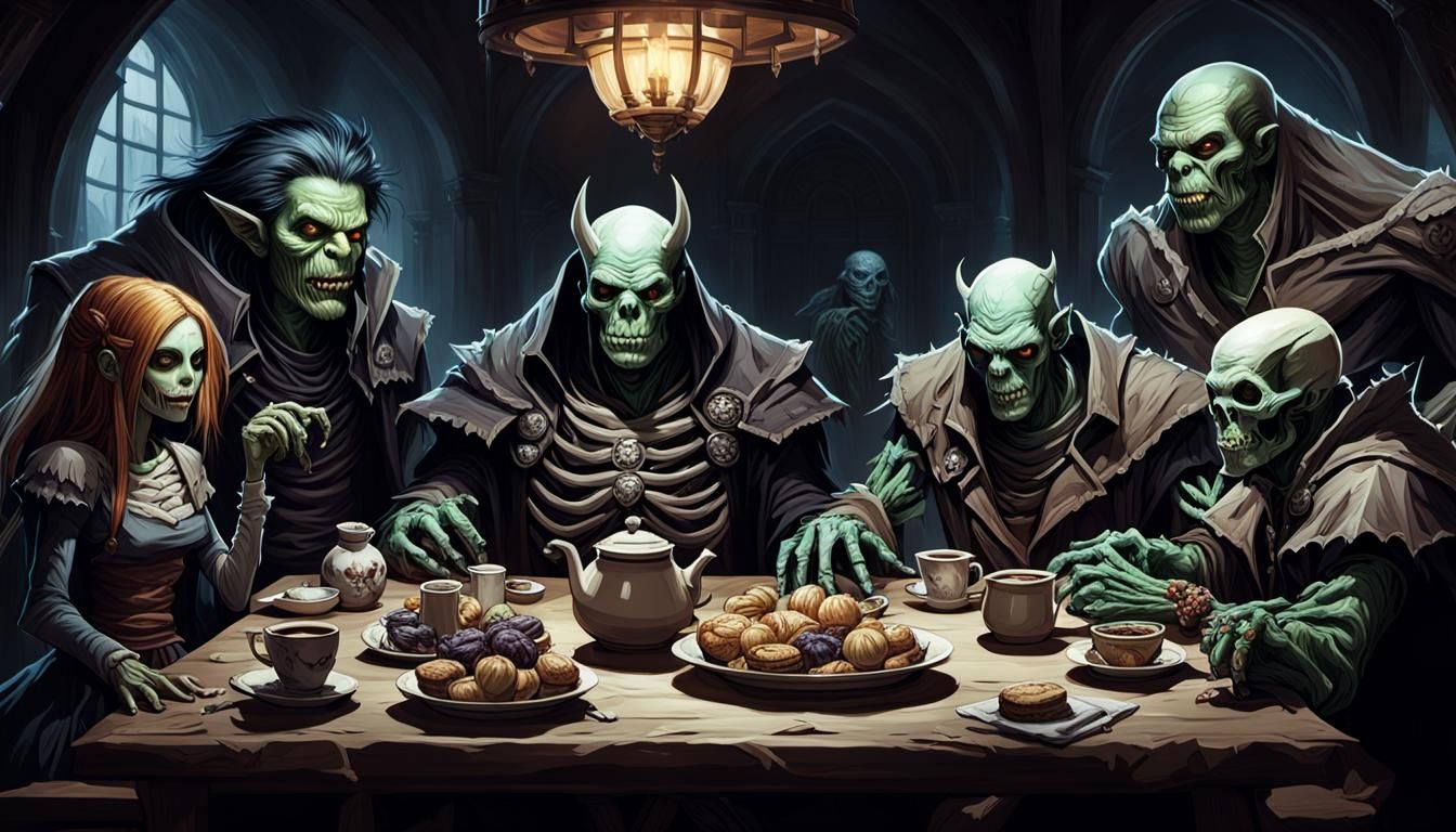 Monsters' Tea Party in Graveyard, Dark Fantasy Art