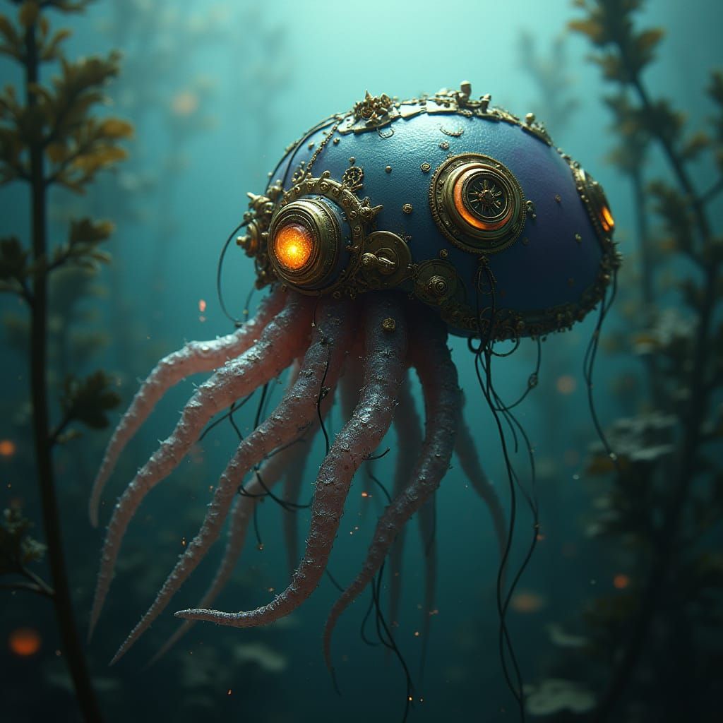 Steampunk Jellyfish with Brass Gears in Kelp Forest