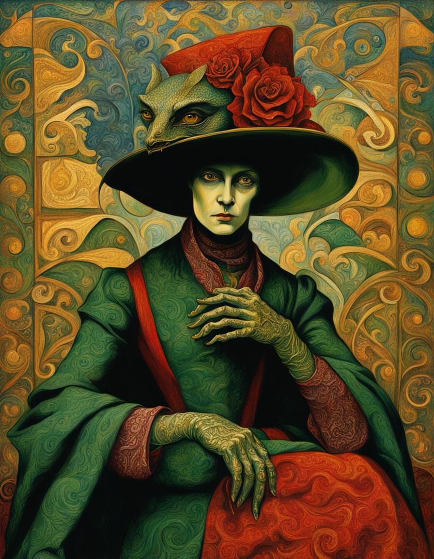 Victorian Lizard-Woman in Pre-Raphaelite Style