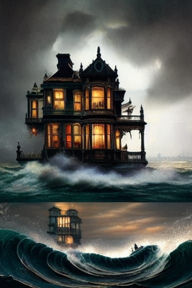 Floating Victorian House Overtaken by Wave, Digital Painting