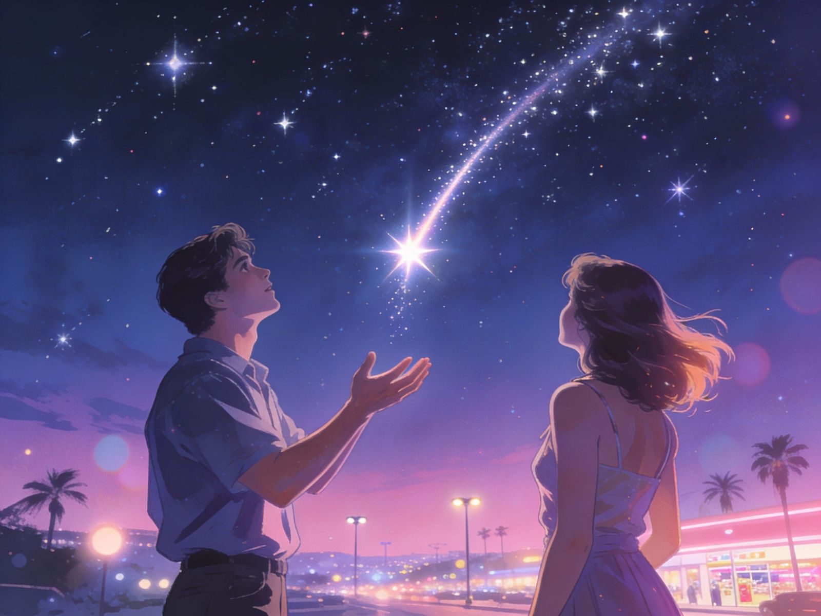 1988 Pop Art Romance: Couple Under Falling Stars