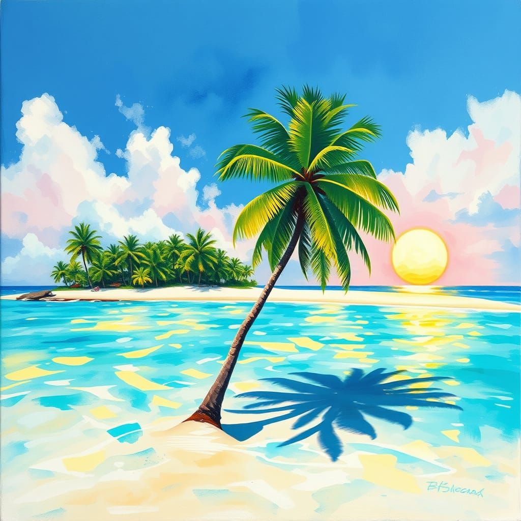 Tropical Beach in Impressionist Gouache and Watercolor Style