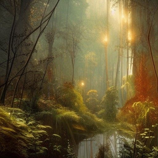 Peaceful Morning Forest Scenery: Hyperrealistic Digital Art