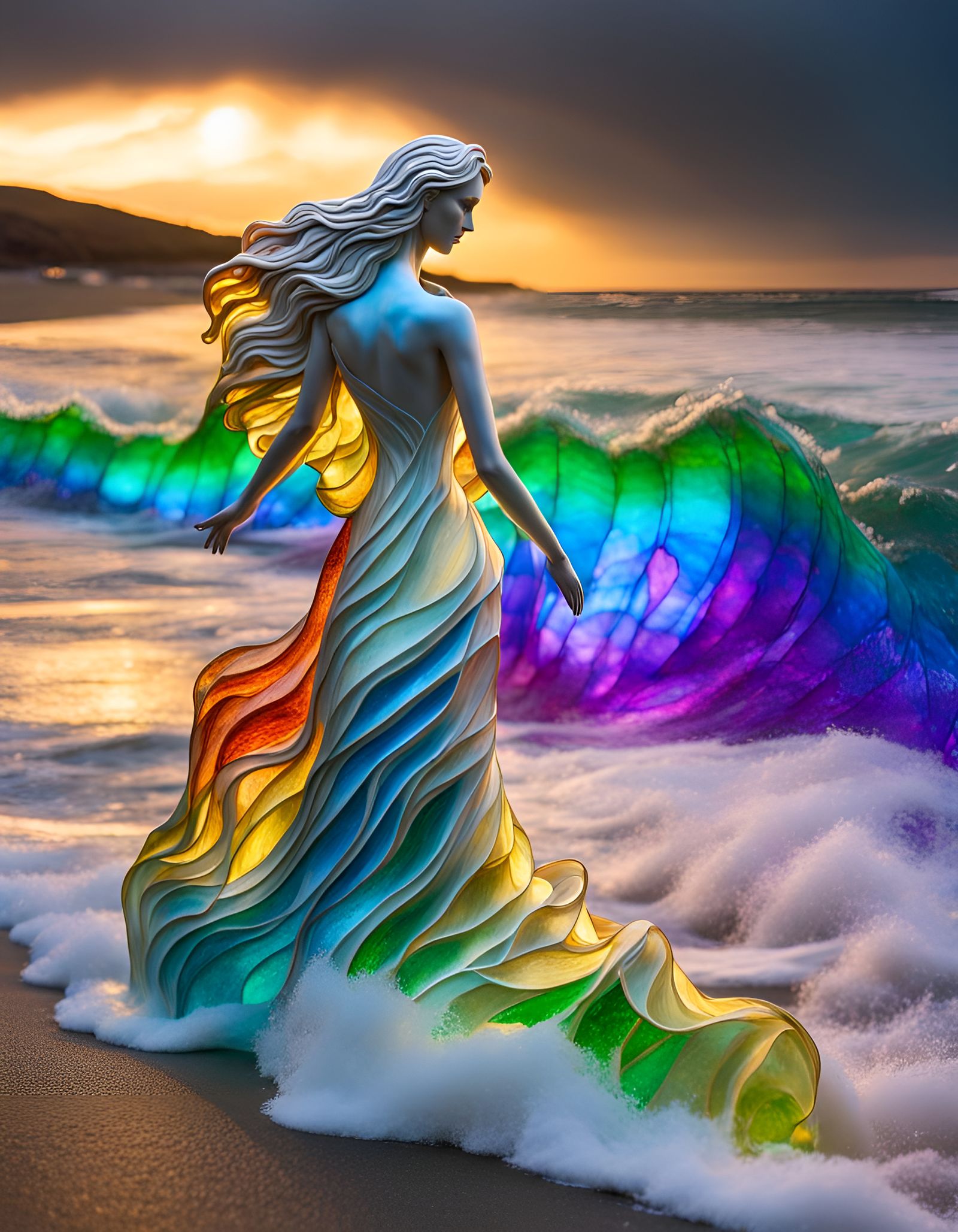 Luminous Stained Glass Woman on Stormy Beach