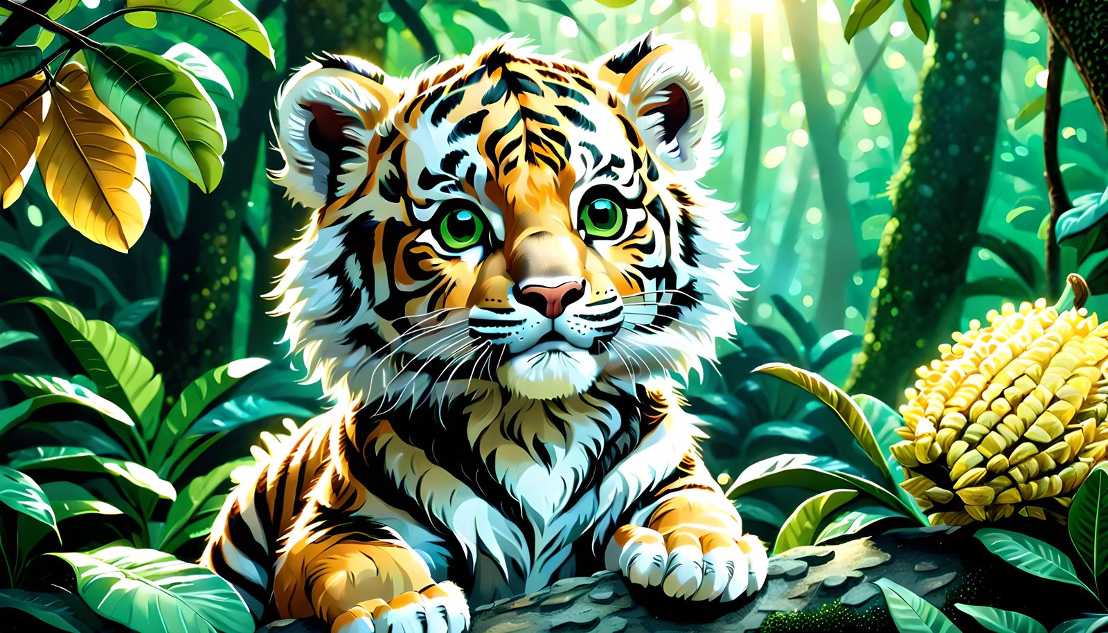 Cute Tiger Cub Plays in Dawn Rainforest