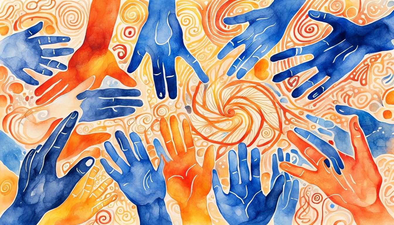 Interconnected Hands and Faces in Watercolor Ink